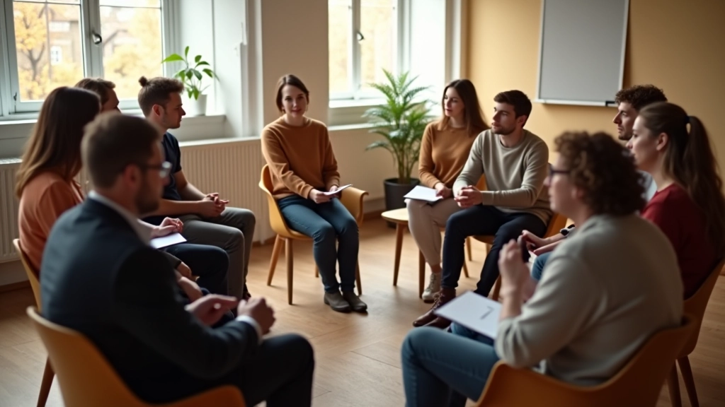 Účastníci kurzu Porozumění prokrastinaci sedí v kruhu a diskutují