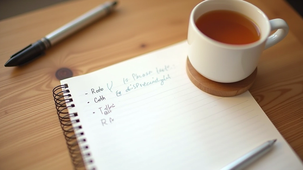 Notebook s psaným textem a checklist položkami, tužka a šálek čaje na stole